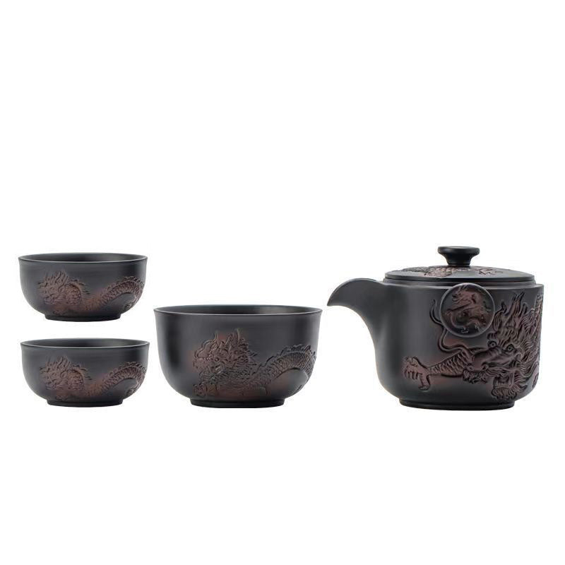 Yucheng Purple Clay Quick Tea Set "Dragon Soaring Across the Sea" - One Teapot, Three Cups, Portable Kung Fu Tea Set for Travel and Outdoor Use