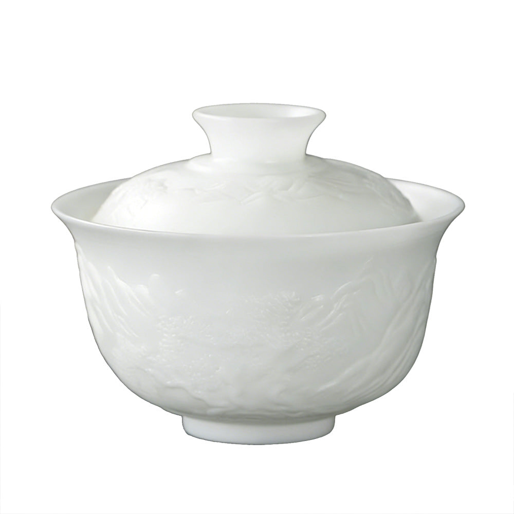 Unglazed Ice Jade Porcelain Thousand Mountains and Rivers Three Talents Gaiwan Tea Cup Set Teapot Holder Green Mountains and Green Waters Relief