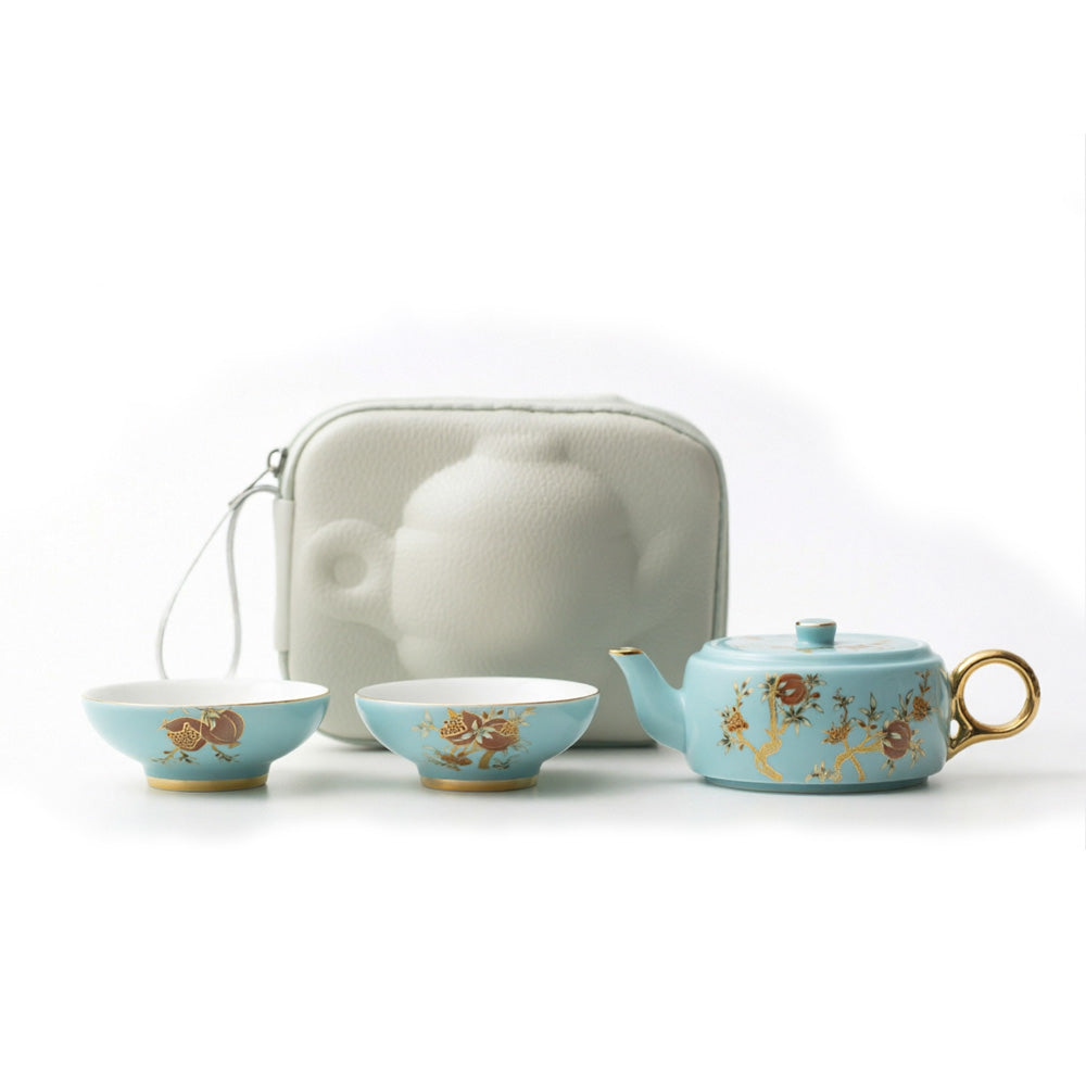 Yucheng Porcelain Quick Tea Set - One Teapot and Two Cups, Hand-painted with Abundant Fruits, Exquisite Outdoor Ceramic Tea Cup Portable Tea Set